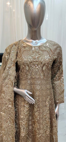 Ladies Long beige maxi/anarkali with intricate hand embellishments