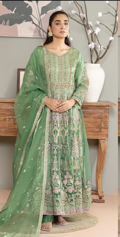 Ladies Long green maxi/anarkali with intricate hand embellishments