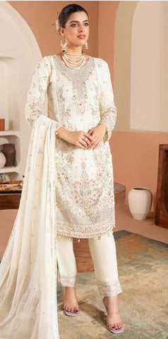 Off white Chiffon kameez with Straight Trouser